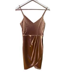 Lulus Rose Gold Metallic Bodycon Dress Small Faux Wrap Formal Y2K Glam
